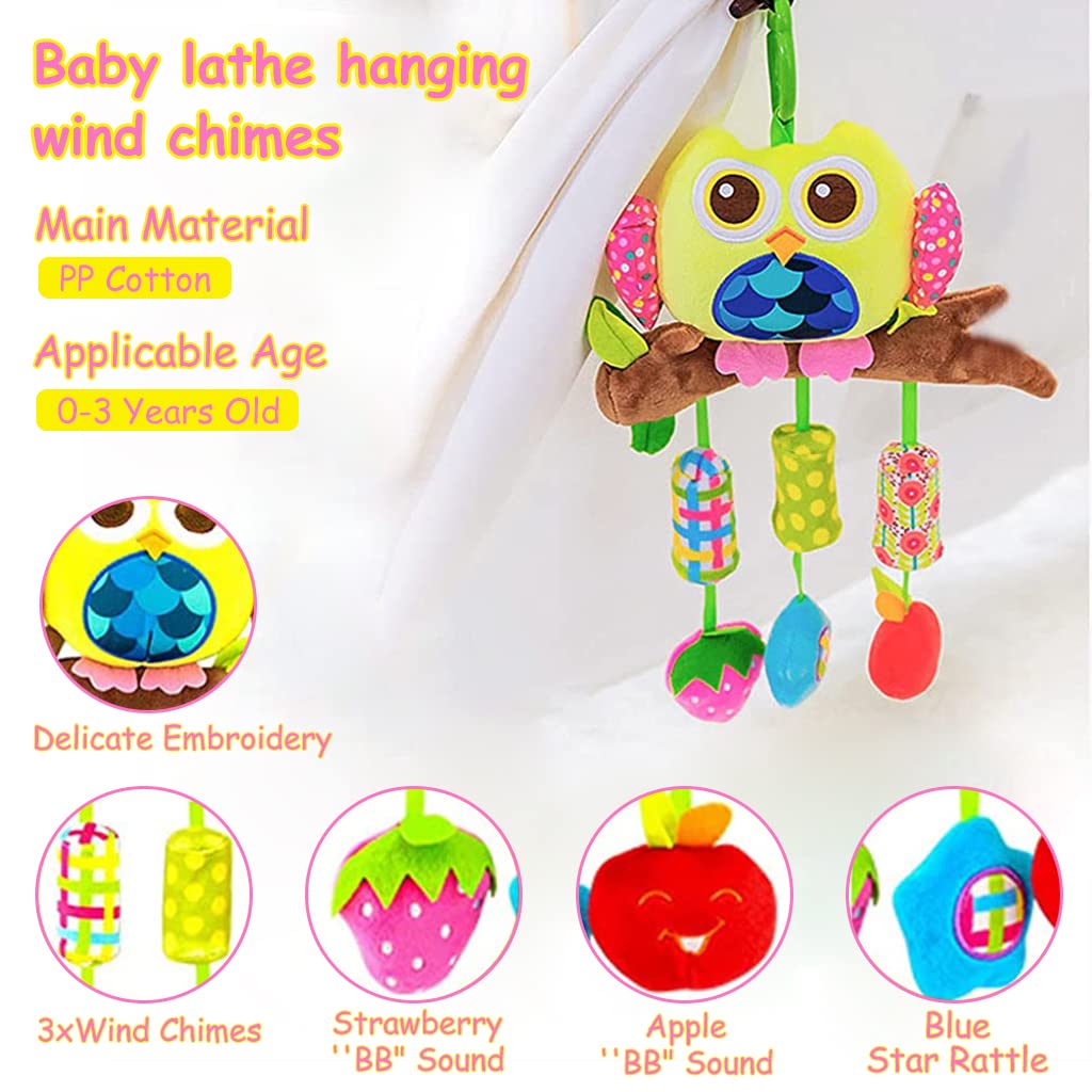 PATPAT® Hanging Toys for Babies 0-6 Months, Rattle Crinkle Squeaky Toy Car Seat Plush Stroller Toy with Teethers Plush Animal C-Clip Ring for Infant Babies Boys and Girls 3 6 9 to 12 Months -Owl