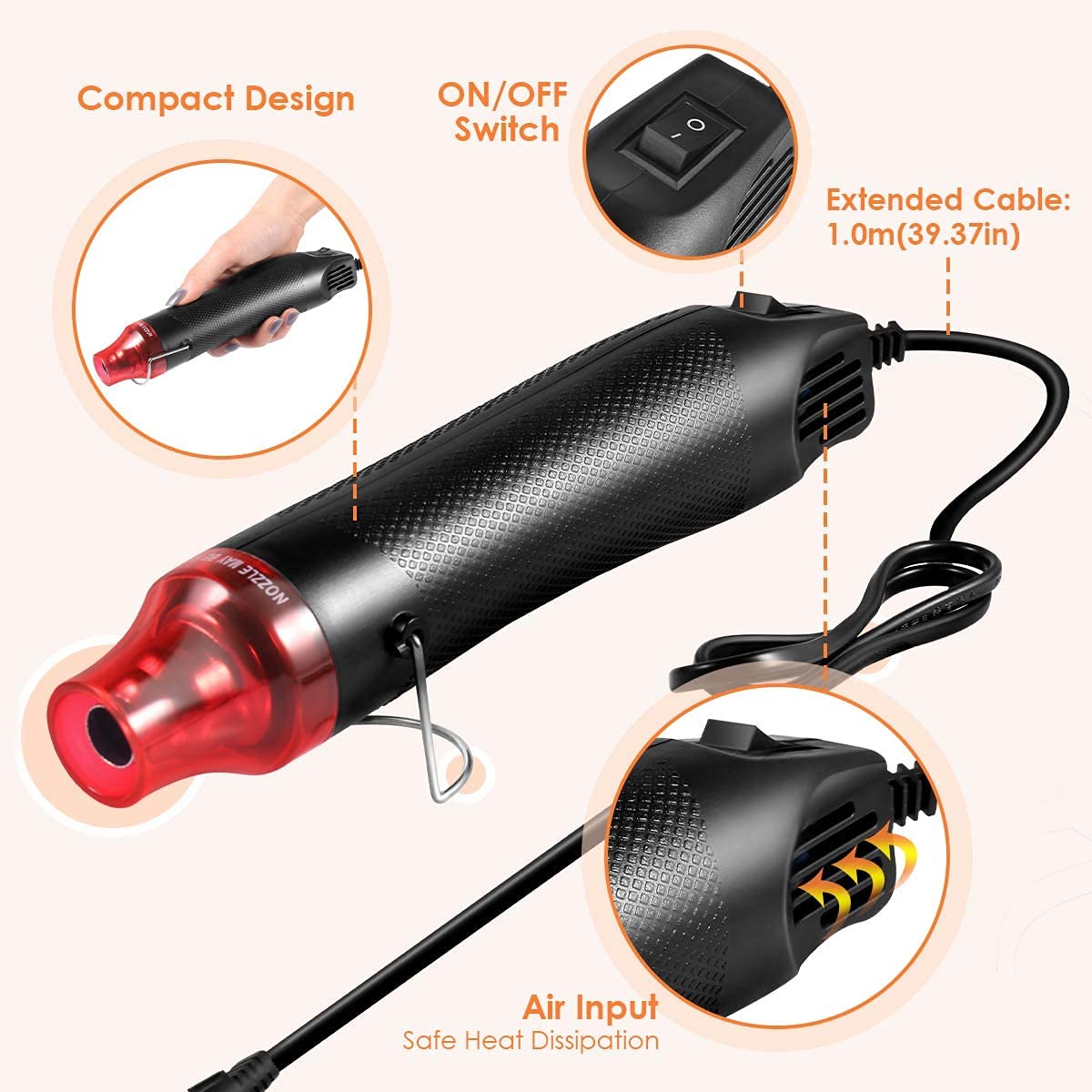 HASTHIP Handheld Mini Heat Gun, 300W Hot Air Gun Multi-Function Electrical Heat Tool for for DIY Embossing, Shrink Wrapping, Drying Paint (300W)