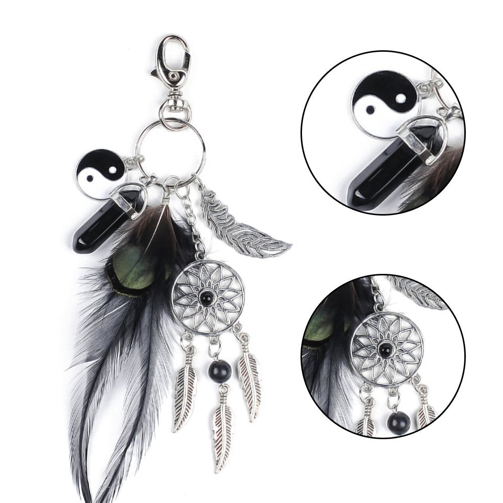 Supvox Generic Dreamcatcher With Black Agate & Feather Charm Keyring - Black And Silver