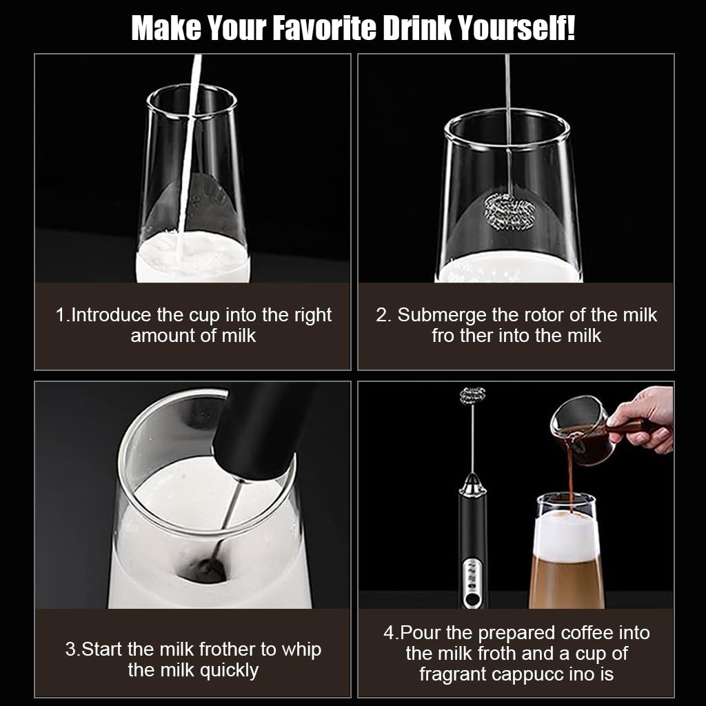 Supvox Hand Blender for Coffee 3 in 1 Frother Coffee Maker with 3 Speed Milk Frother for Coffee Frother Electric USB Rechargeable Coffee Beater with 3 Stainless Whisks Head for Latte Hot Chocolate