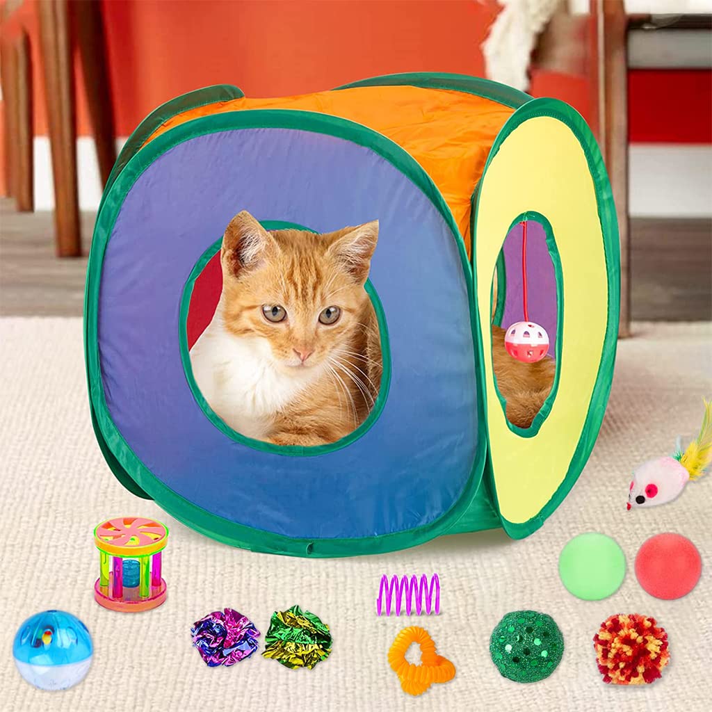 Qpets® 20 PCS Toys for Cats Set, Collapsible Cat Tunnels for Indoor Cats, Family Set Cat Teaser Toy Cat Feather Toy Fluffy Mouse Crinkle Balls Cat Toys for Cat Puppy Kitty Rabbit