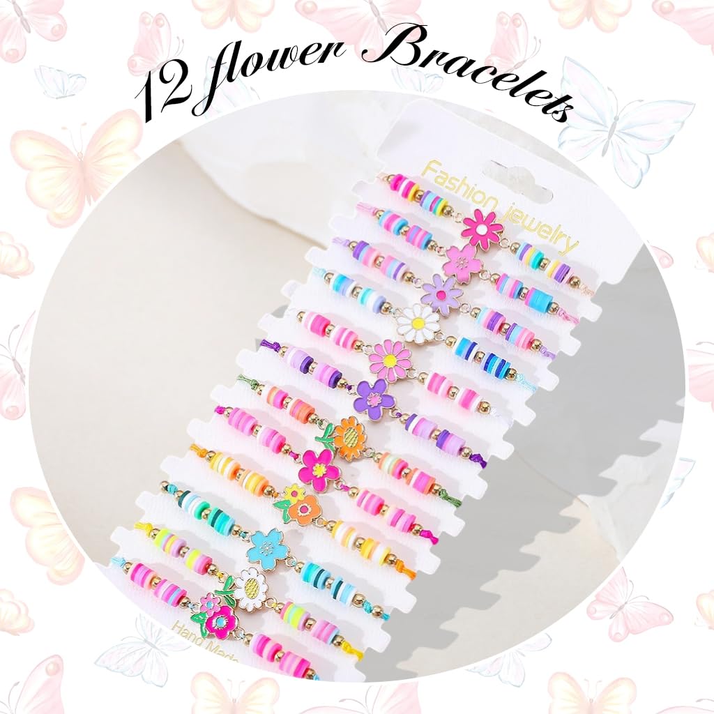 SANNIDHI Bracelets Set for Girls featuring Adjustable Braided Rope and Colorful Beads | 12Pcs Flower Jewelry Gift
