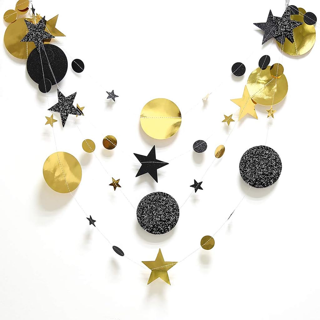 HASTHIP® 3Pcs Black Gold Party Decorations Moon Star Garland Hanging Stars13ft String Decorations Wall Hanging Decorations Room Decoration Party Supplies for Wedding, Festival, Party