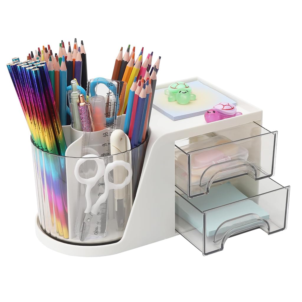 Zibuyu Study Table Organizer for Home and Office with 360° Rotating Compartments | White Desk Storage Box