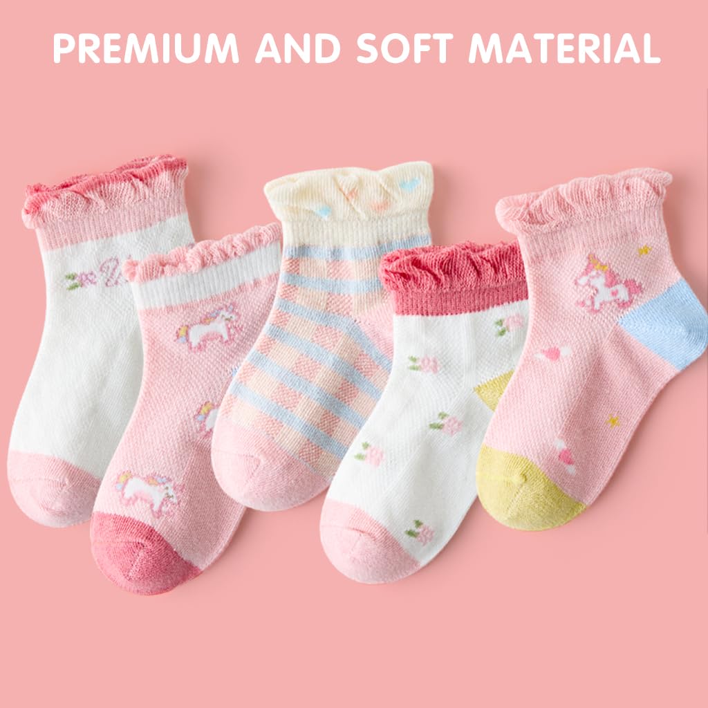 PALAY® 5 Pairs Kids Socks Girls Socks Breathable Cotton Mesh Socks Home Socks Cartoon Unicorn Cotton Socks for Girls 6-8 Years Old