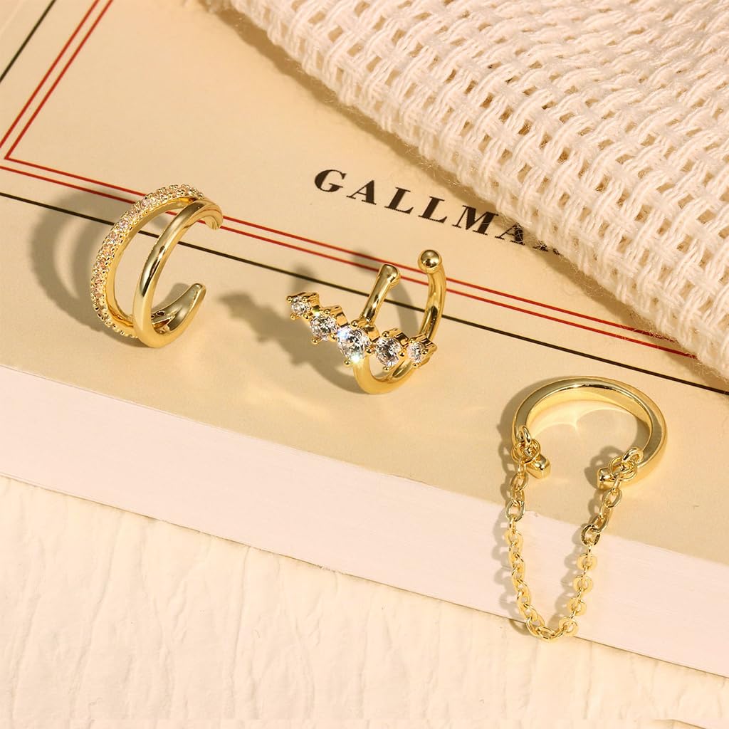 SANNIDHI Ear Cuff Earrings for Women featuring 3 Pairs Gold Cubic Zirconia Non Piercing Set | Hypoallergenic Gift Jewelry