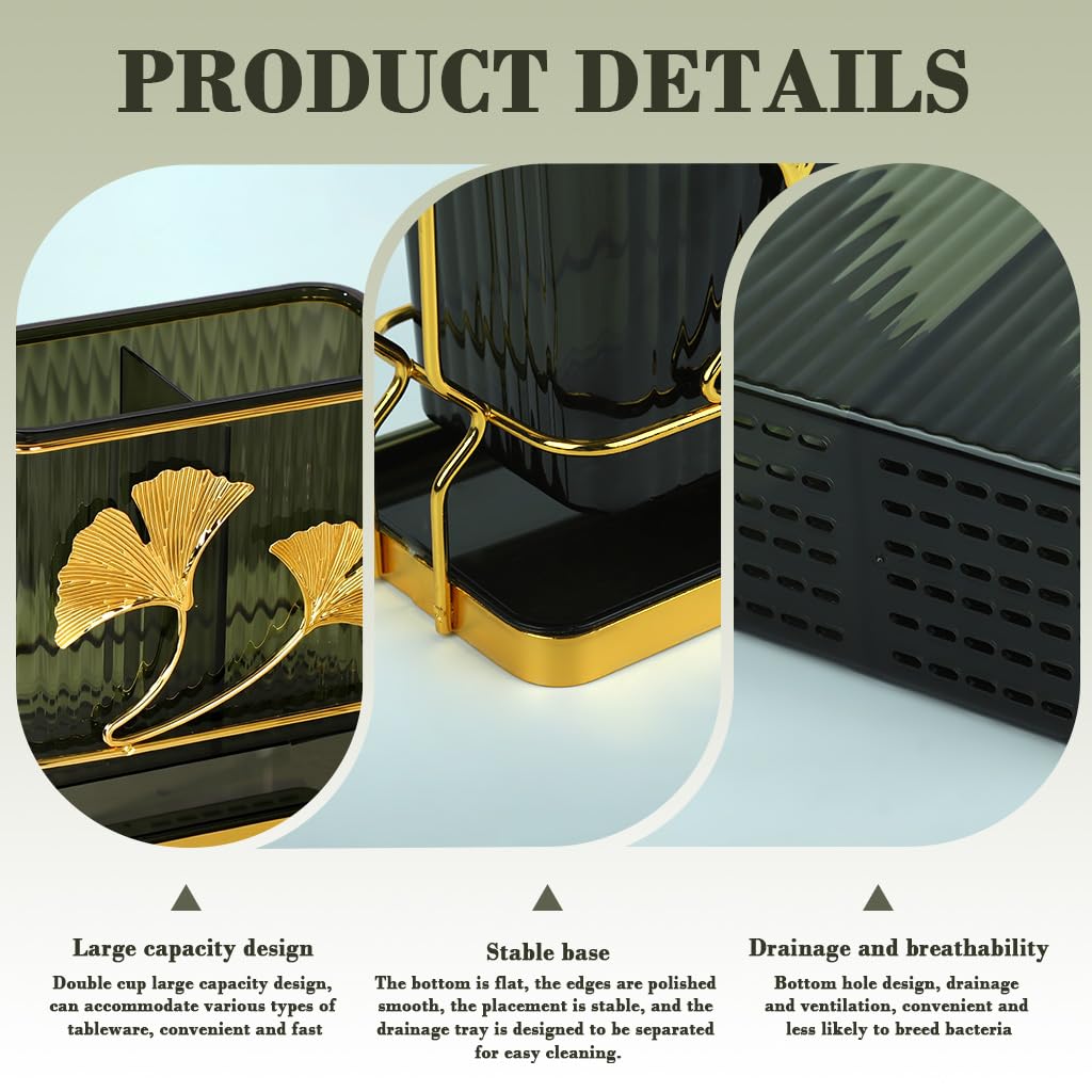 Supvox Cutleries Organizer for Kitchen with Dual Compartments and Drip Tray 17x8x16cm Green