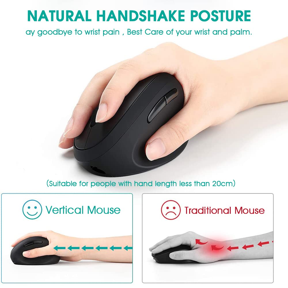 Verilux Wireless Vertical Mouse with Ergonomic Rechargeable Design for Small Hands | Reduce Wrist Pain