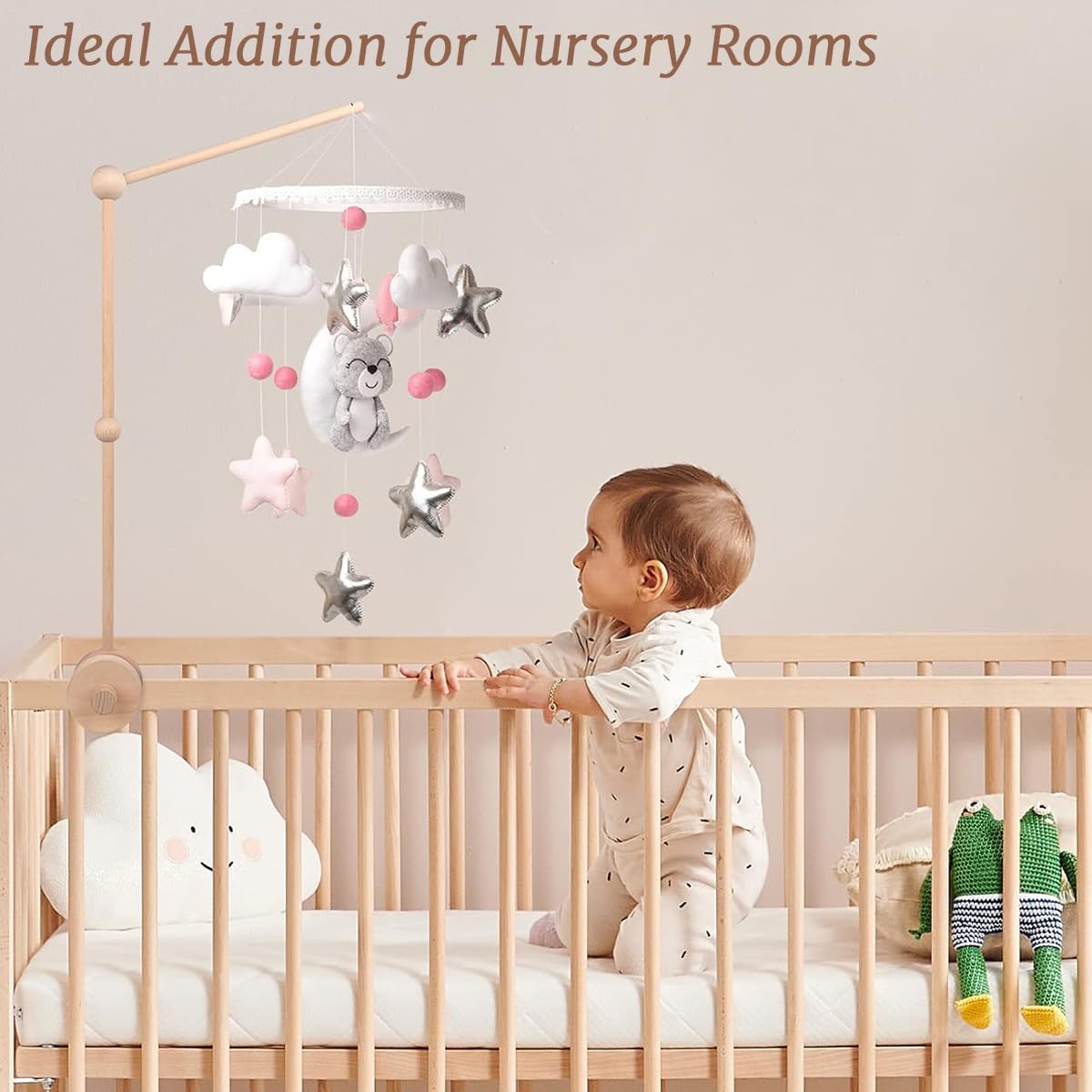 SNOWIE SOFT Wooden Crib Mobile Arm with 360° Rotatable Holder and Screw-Fix Base | Natural Wood Finish for Nursery