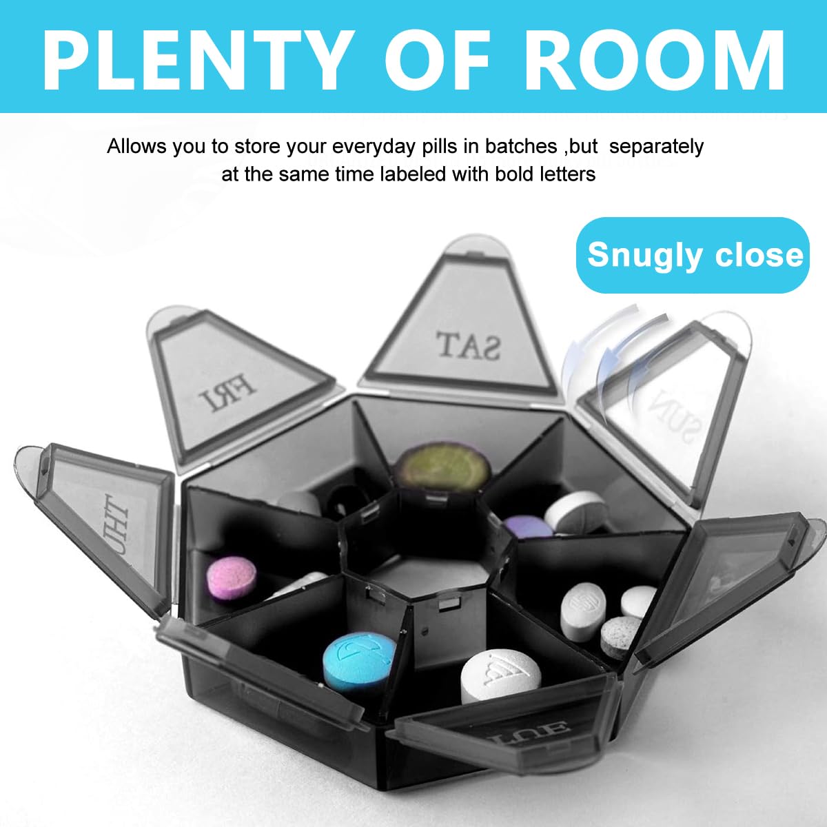 HANNEA Weekly Pill Organizer for Travel with 7 Sided Case 8.3×8.3×1.7cm | Food Grade PP