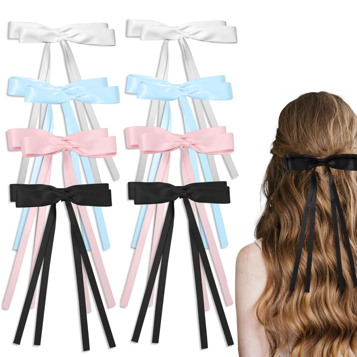 Venzina Hair Bows for Women featuring Braided Bow Clips with Long Tail Ribbons 8Pcs Multicolor