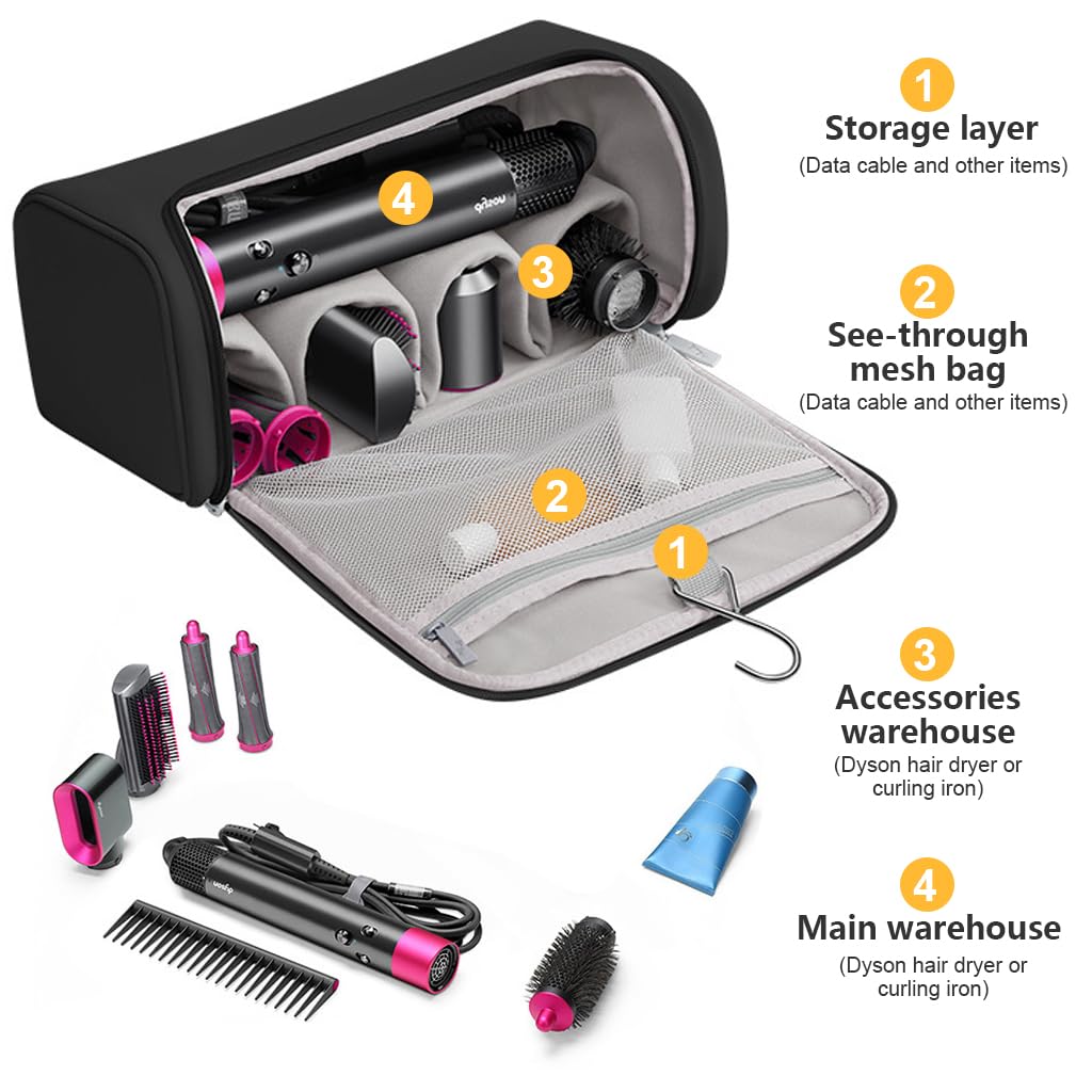 MAYCREATE Travel Storage Bag for Dyson Airwrap featuring 5 Compartments and Hanging Hook | PU Waterproof Organizer for Hair Styling Tools