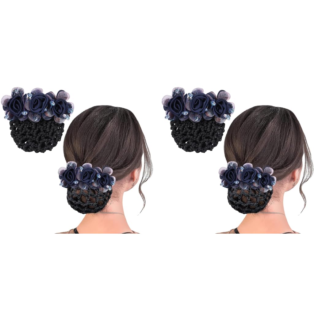 MAYCREATE Floral Hair Snood Net Barrette for Work or Dance with Alloy Clip and 2 PCS Set