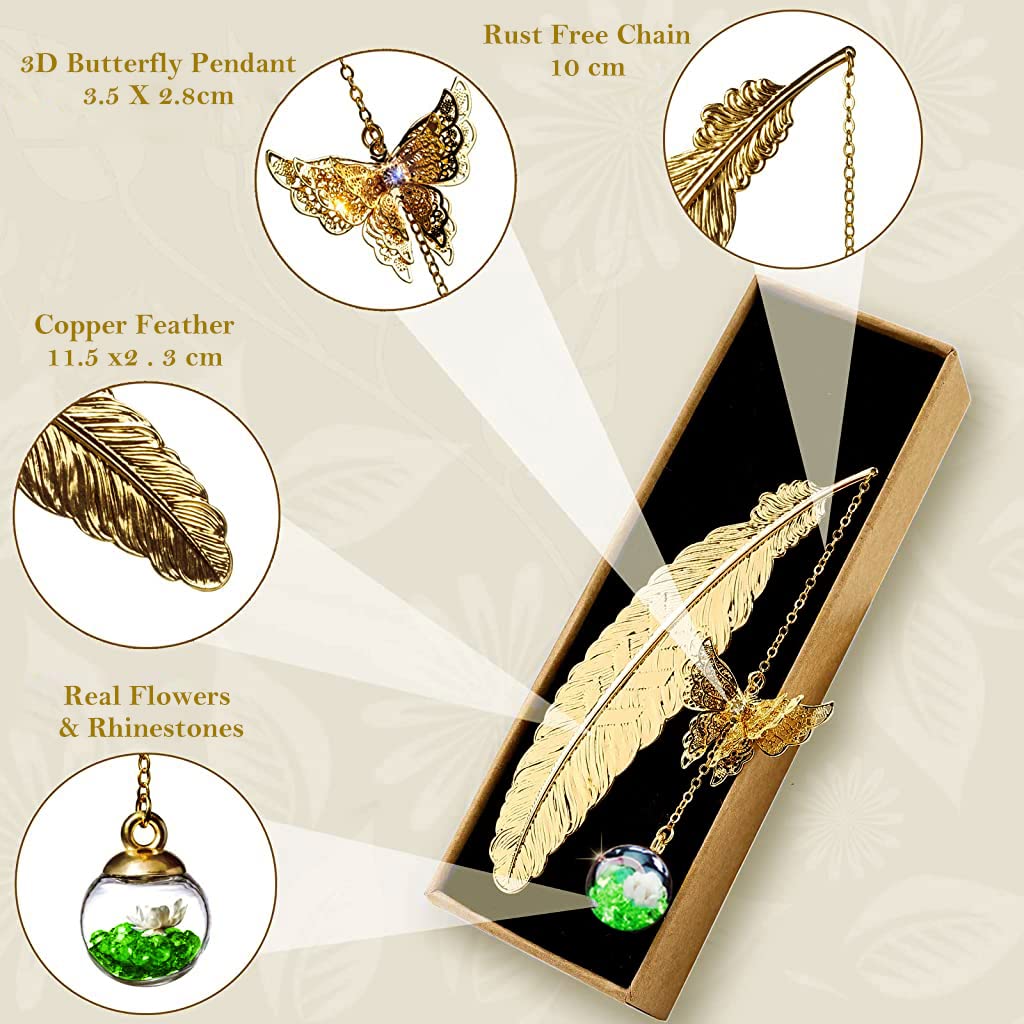 Supvox Metal Feather Bookmark for Reading and Gifting with 3D Butterfly & Glass Bead | 11.5 cm Copper Feather