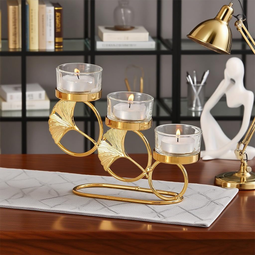 HASTHIP Candle Holder Stand for Home Decor with Three-Cup Design and 7.84x4.72 in Size | Golden Ginkgo Metal Tealight Display