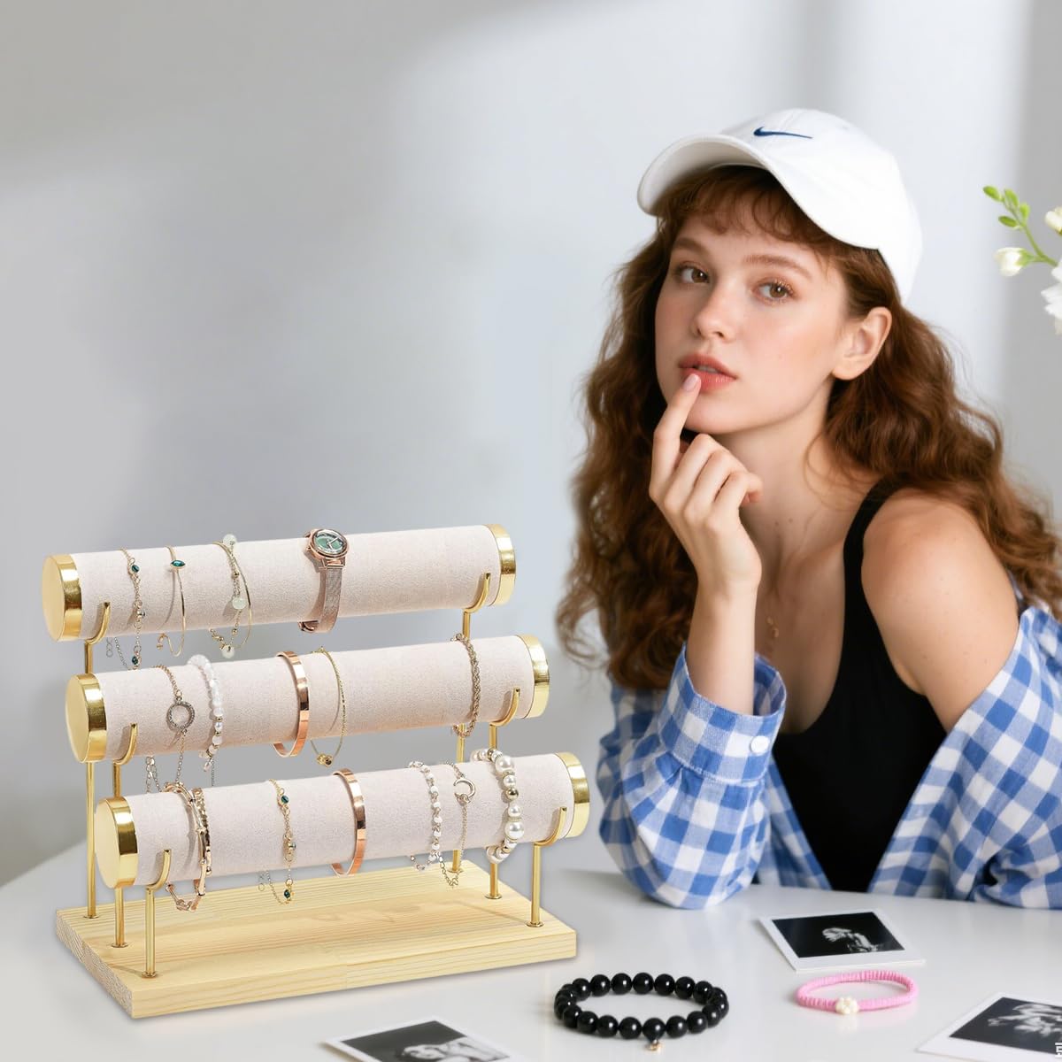 MAYCREATE Bracelet Bangle Organizer for Women featuring 3 Tier Metal Stand with Wood Tray | Holds 18–25 Bracelets