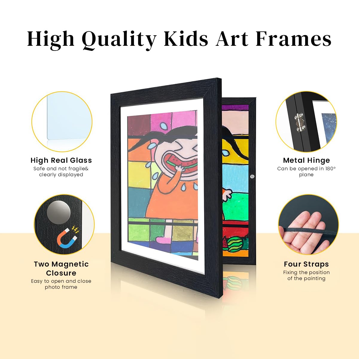 HASTHIP® Kids Artwork Frames Changeable - 8.3x11.8 inches Kids Art Frame Front Opening Holds 50, Display & Change Kids' Paintings, Photos, Certificates with Easy Wall Mount or Desk Stand (Black)