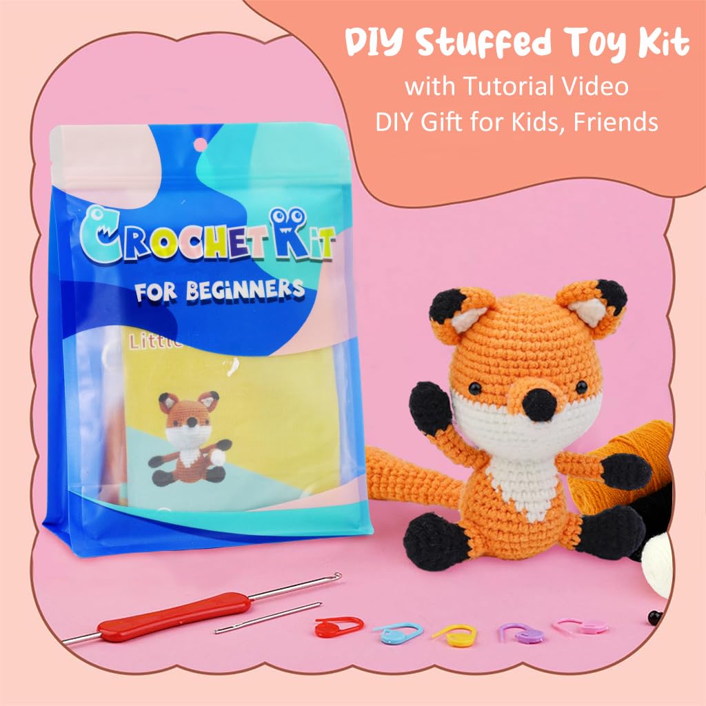 PATPAT® DIY Crochet Kit Starter DIY Crochet Orange Fox DIY Crocheting Fox Stuffed Toy Crocheting Kit Starter DIY Crocheting Kit DIY Gift for Kids, Friends