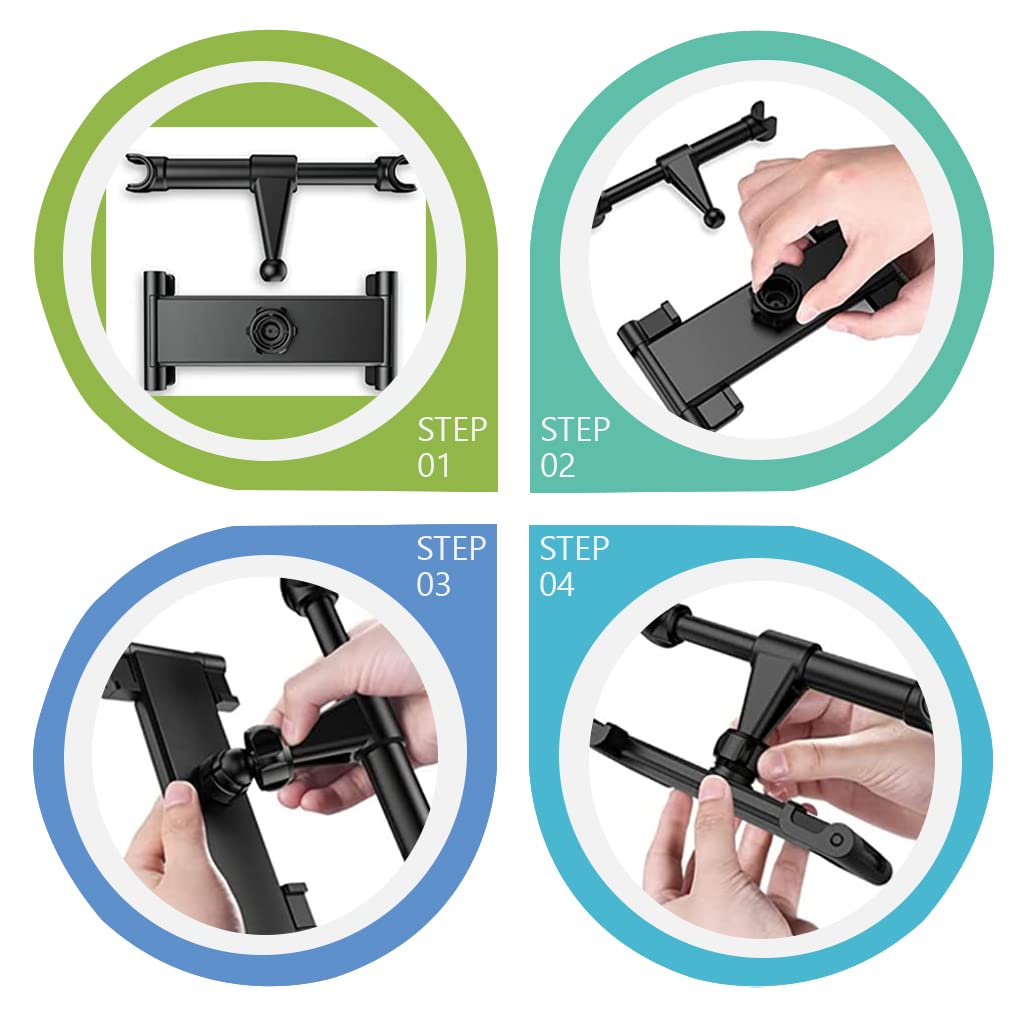 Car Tablet Holder for Headrest with 360° Rotation and Adjustable Clips for 5.5–10.2 in Devices