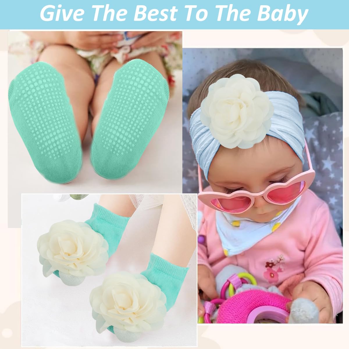 SNOWIE SOFT Chiffon Flower Hair Bands for Baby Girl and Socks Set in Blue | Soft Breathable Nylon Gift for Newborns