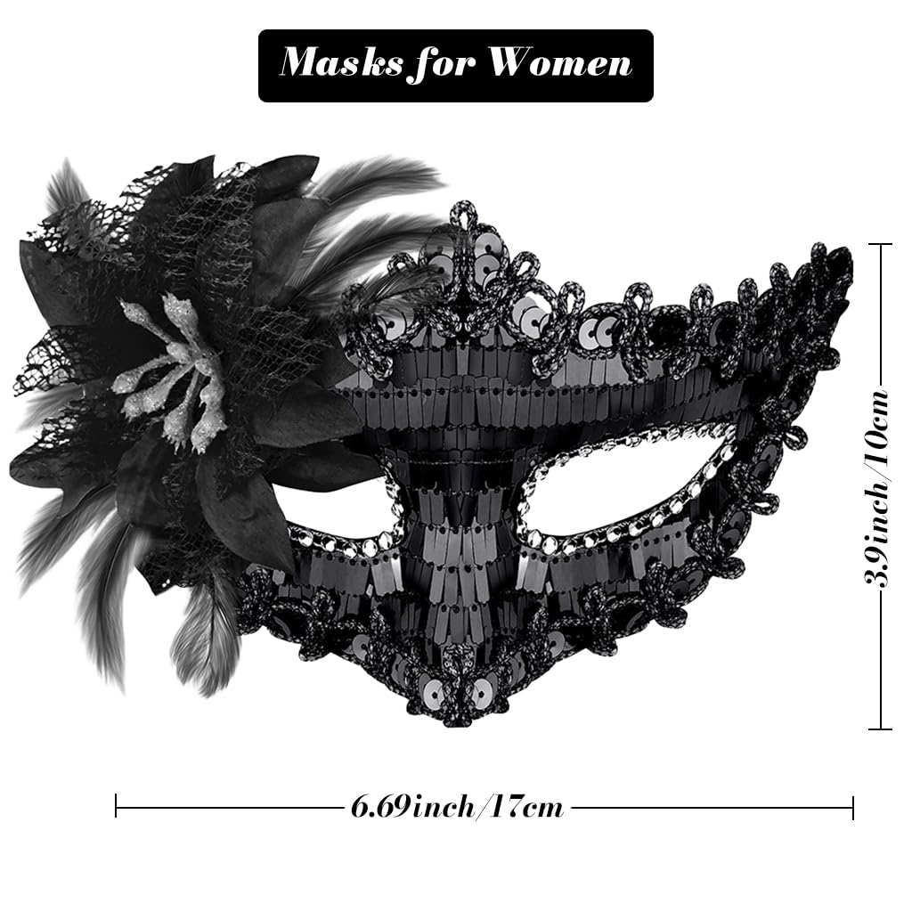 PATPAT Masquerade Mask for Halloween and Carnival Parties featuring Feathers Lace & Sequins | 2 Pack Black Venetian Masks for Couples