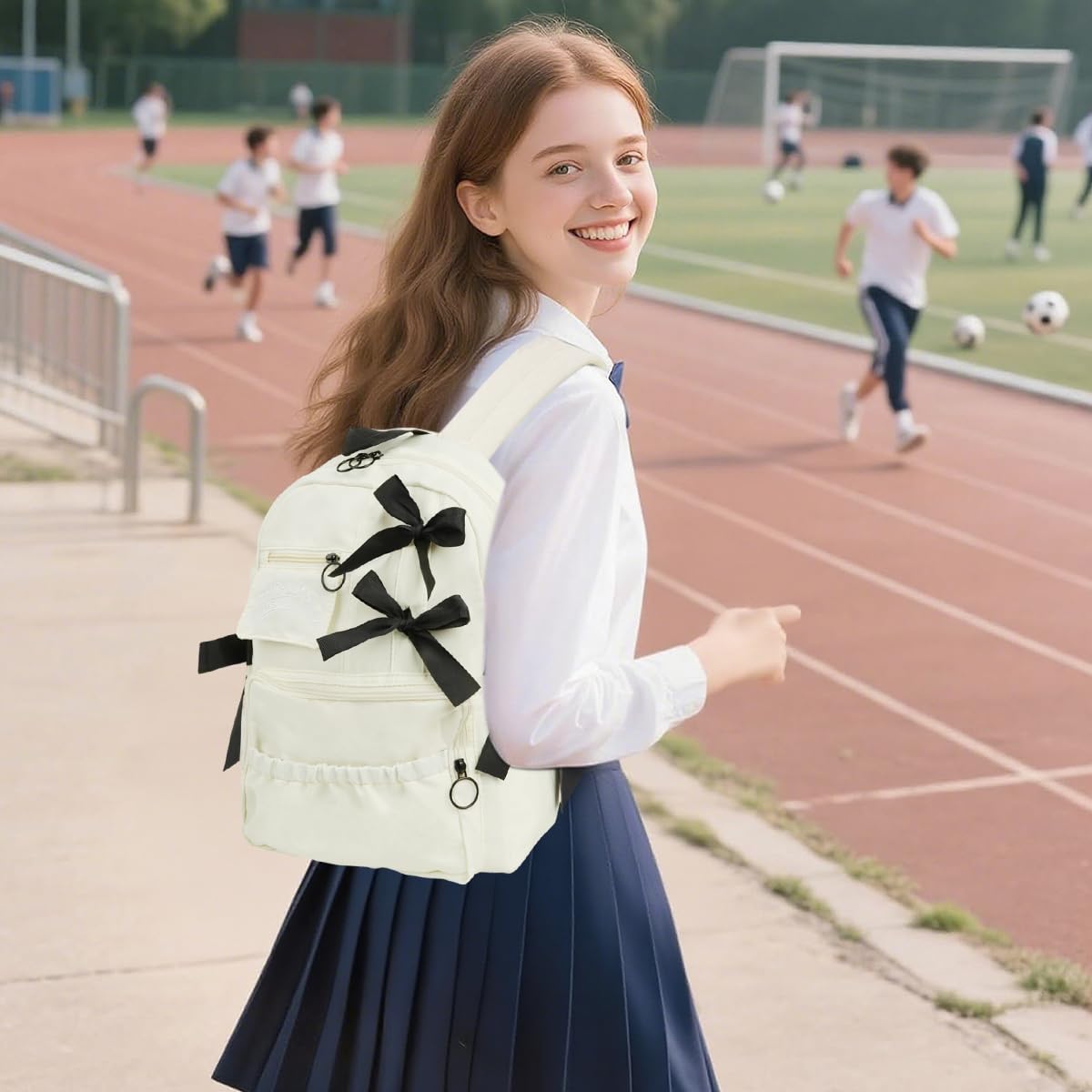 PALAY School Bag for Girls with Bow and Multi Pocket Design in White Oxford Cloth | Large Capacity Backpack for School or Travel