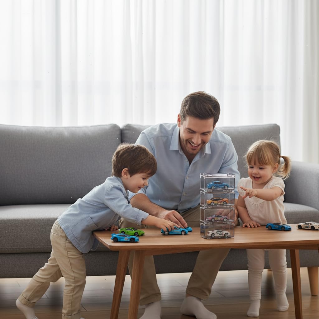 HASTHIP Car Models Display Case for 1:64 Racing Toys with 2 Tiers and 8 Compartments | Acrylic Dustproof Stackable Organizer