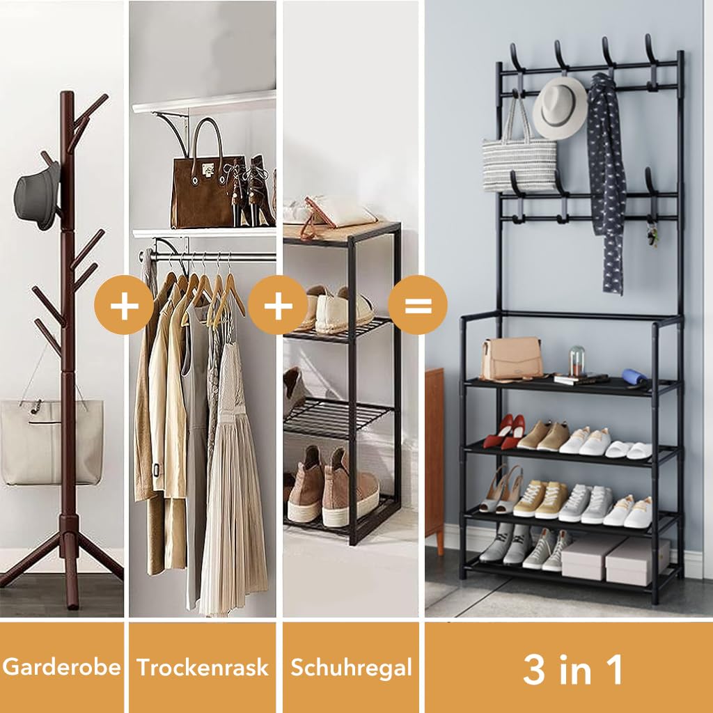 Supvox Metal Shoe Rack for Entryway Storage with 4 Tiers and Double Hanging Rods | DIY Assembly Bench Organizer