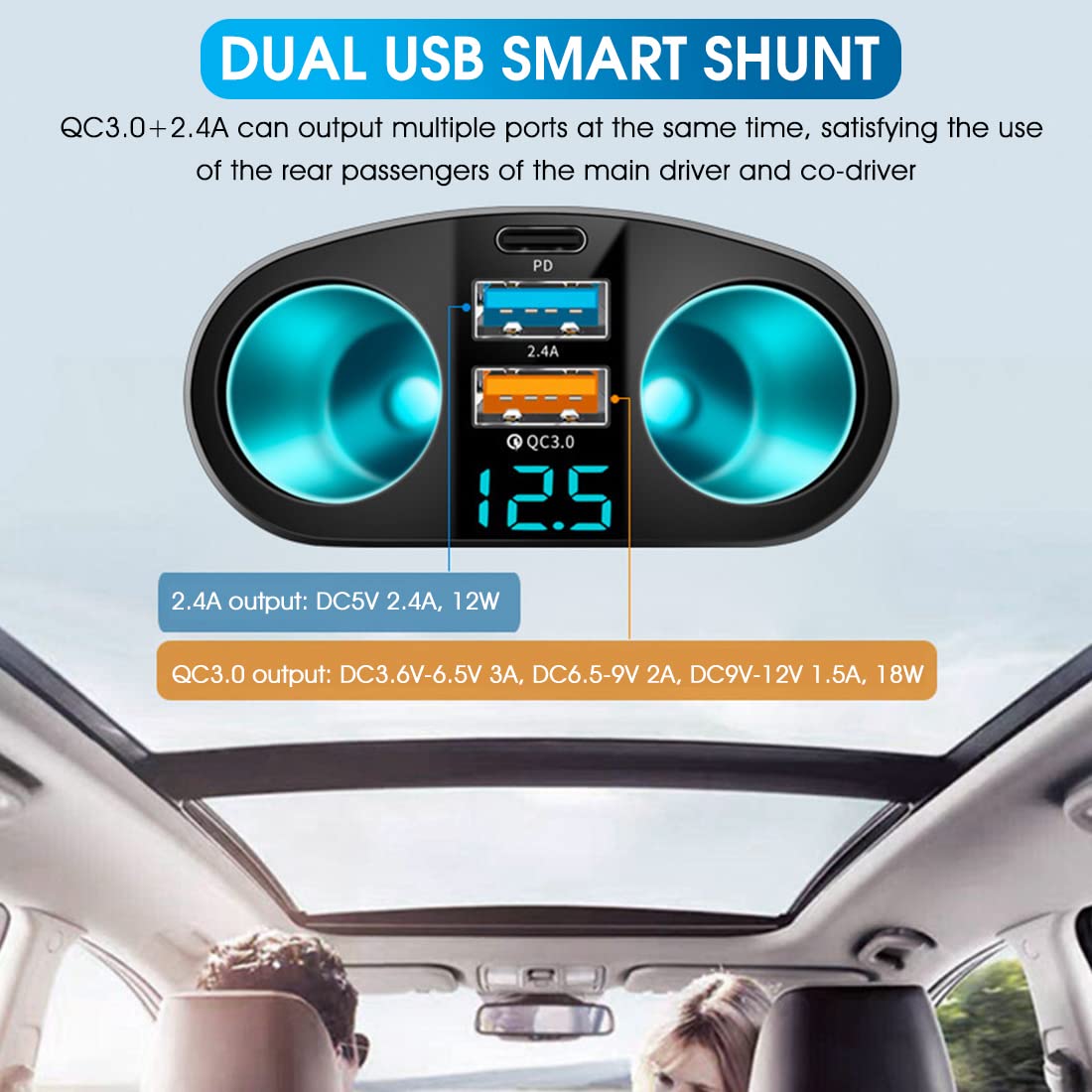 STHIRA Cigarette Lighter Splitter for Car with PD Port and QC3.0 USB | 120W Dual Socket Adapter with LED Voltage Display