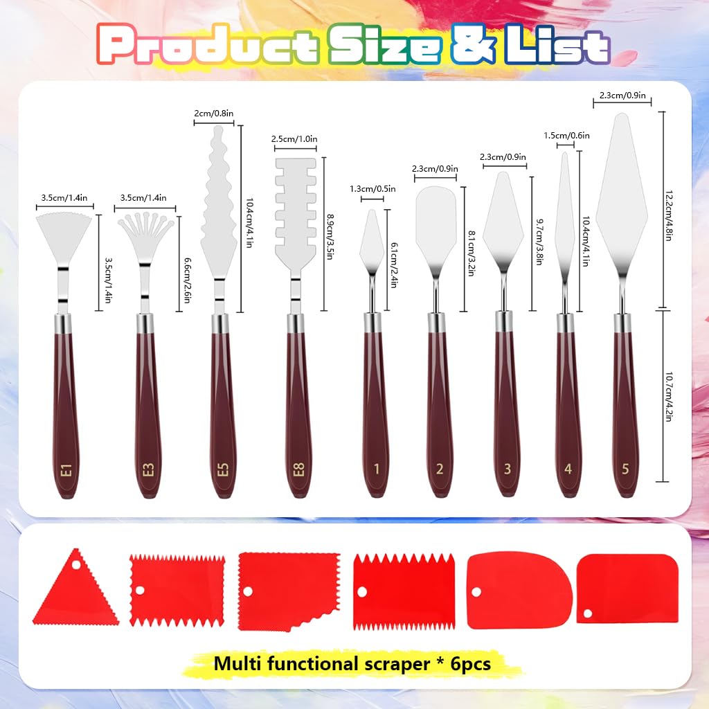 HASTHIP Acrylic Paint Scrapers Set for Texture Art with 9 Steel Tools & 6 Panels | Ergonomic Wooden Handles for Artists