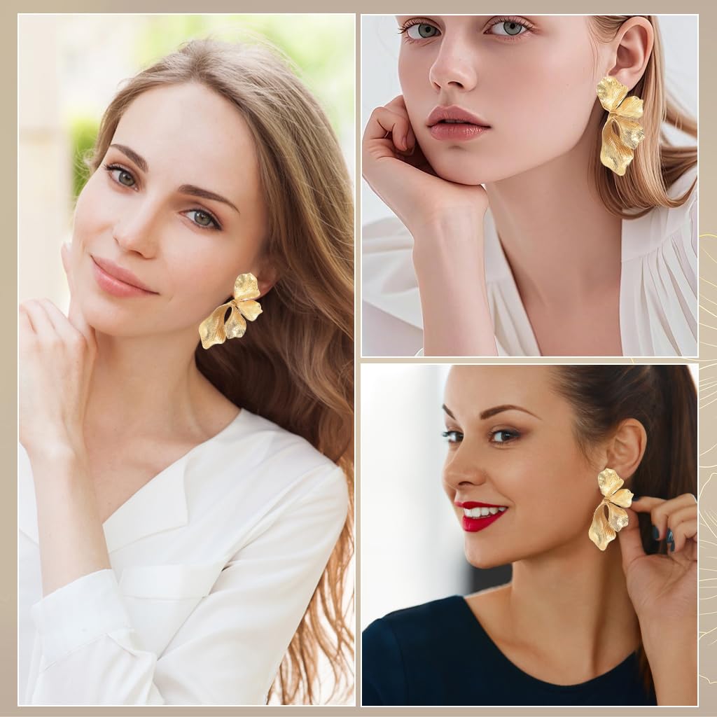 SANNIDHI Earrings for Women featuring Layered Ginkgo Leaf Design with Gold Tone Finish 2.95×1.3 in | Lightweight Stud Style