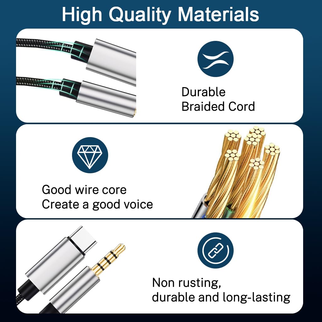 Verilux Type C to 3.5mm Audio Cable for Car and Headphones 6.6ft with DAC Chip | Nylon Braided