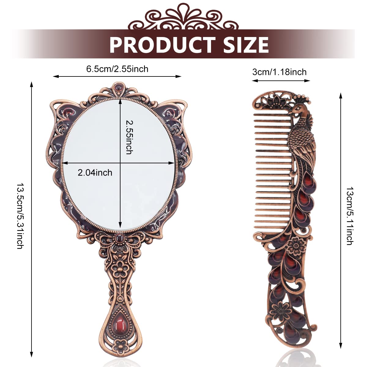 MAYCREATE® Vintage Hand Mirror Comb Set for Makeup Decorative Metal Vanity Mirror and Comb Combo Kit, Antique Embossed Butterfly Peacock Handheld Mirror for Women Girls - Gift Box Packing