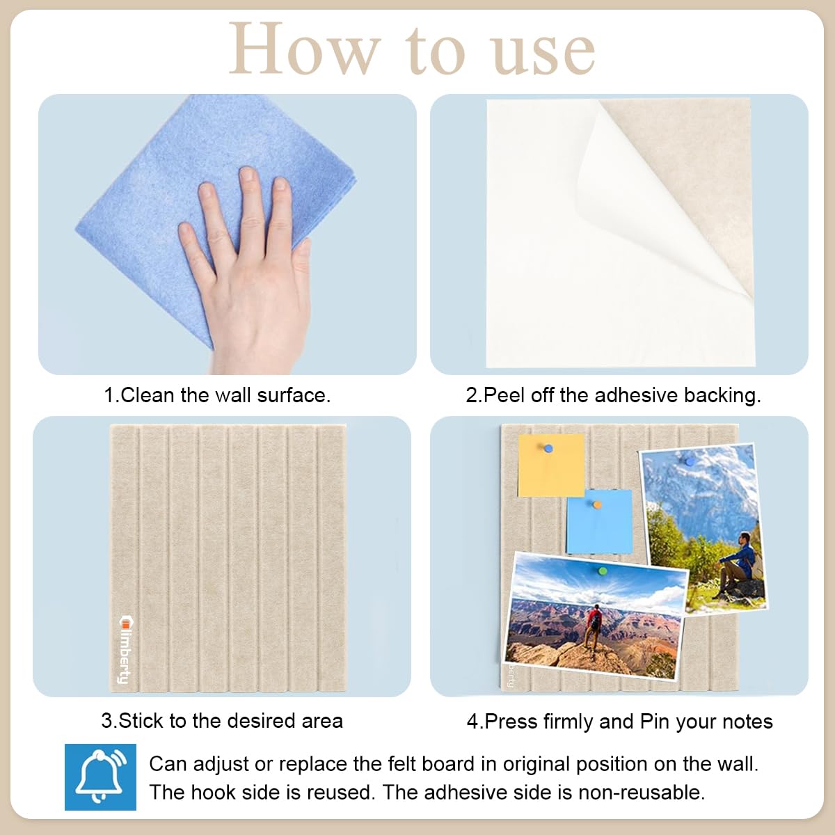 Climberty Felt Board Bulletin Board for Home or Office with 6 Panels and 50 Pushpins | Beige 30x30 cm Self‑Adhesive Wall Organizer