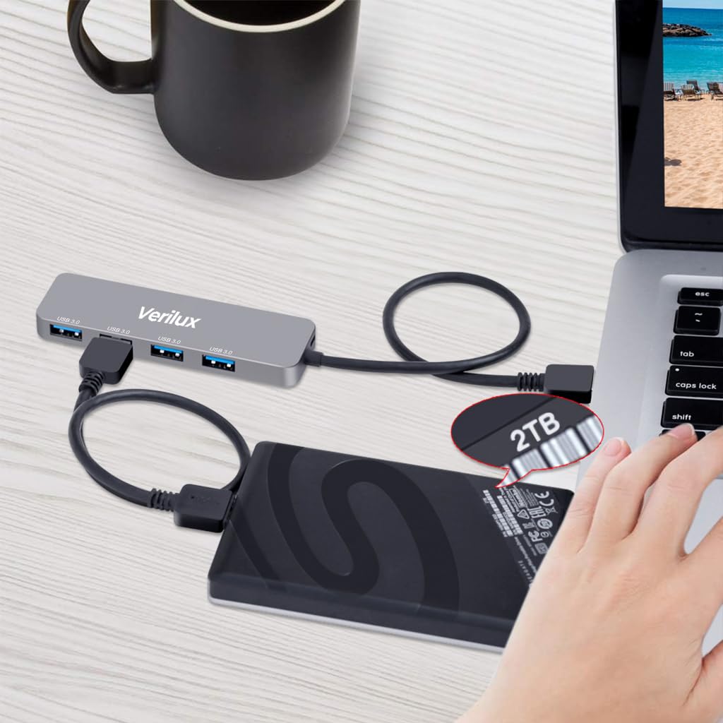 Verilux USB Hub, 4 USB 3.0 Extender,4 in 1 Multiport USB Hub,Aluminum Alloy,Faster Transmission,USB Hub for Home & Work,Compatible with Most USB Devices