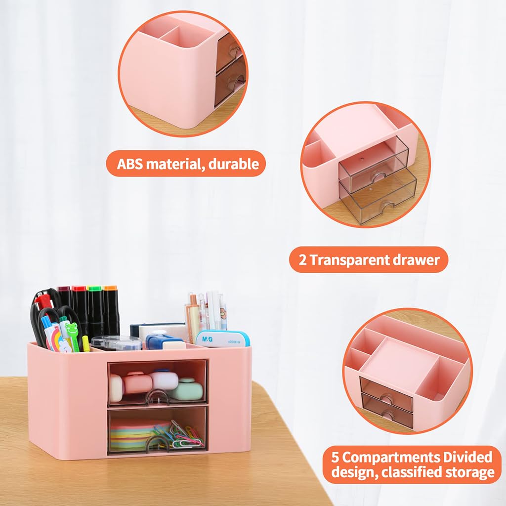Zibuyu Desk Organiser for Office Table with 2 Drawers and 5 Compartments in Pink | ABS Storage Box for Stationery and Makeup