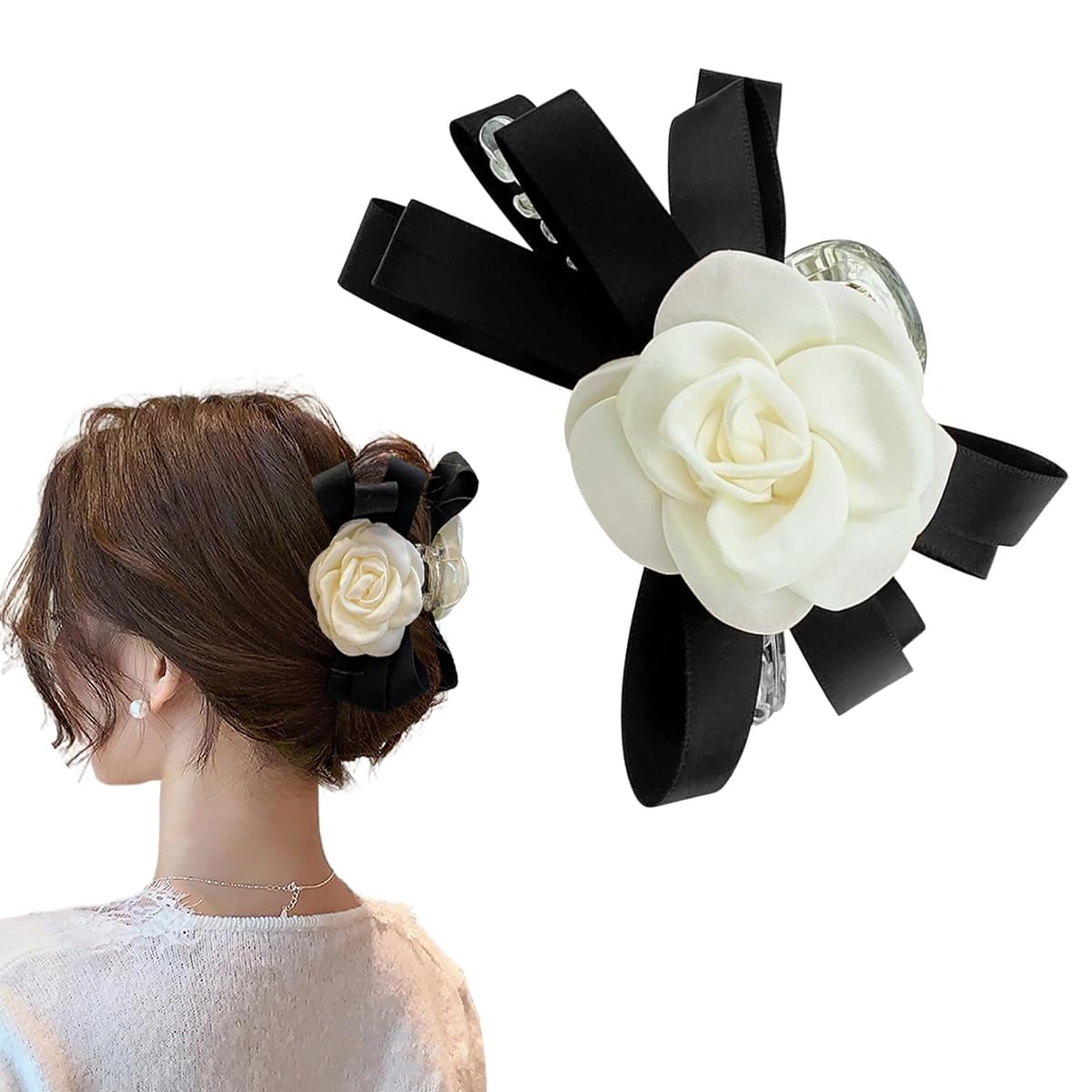 PALAY Large Bow Hair Claw Clip for Women featuring Camellia Flower Design | Elegant Black Accessory