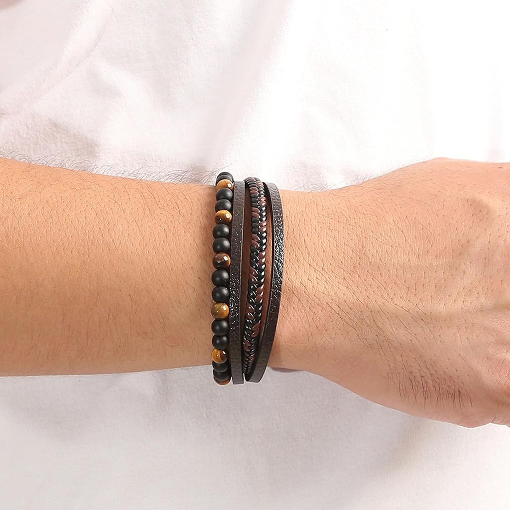 Zibuyu Leather Bracelet for Men with Tiger Eye Beads and Braided Design | Adjustable Gift Accessory