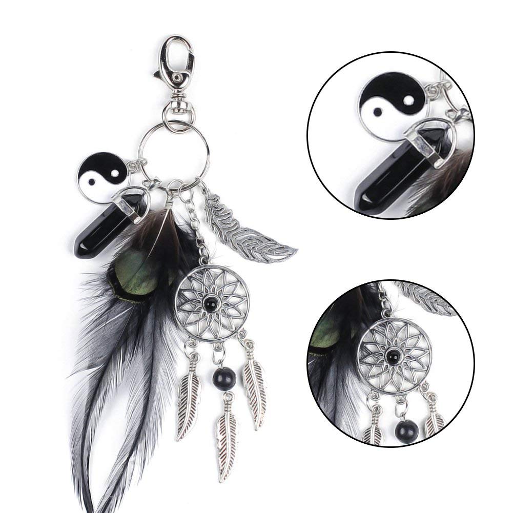 HASTHIP Dreamcatcher Keyring with Black Agate and Feather Charm in Black and Silver | Imported from Hong Kong
