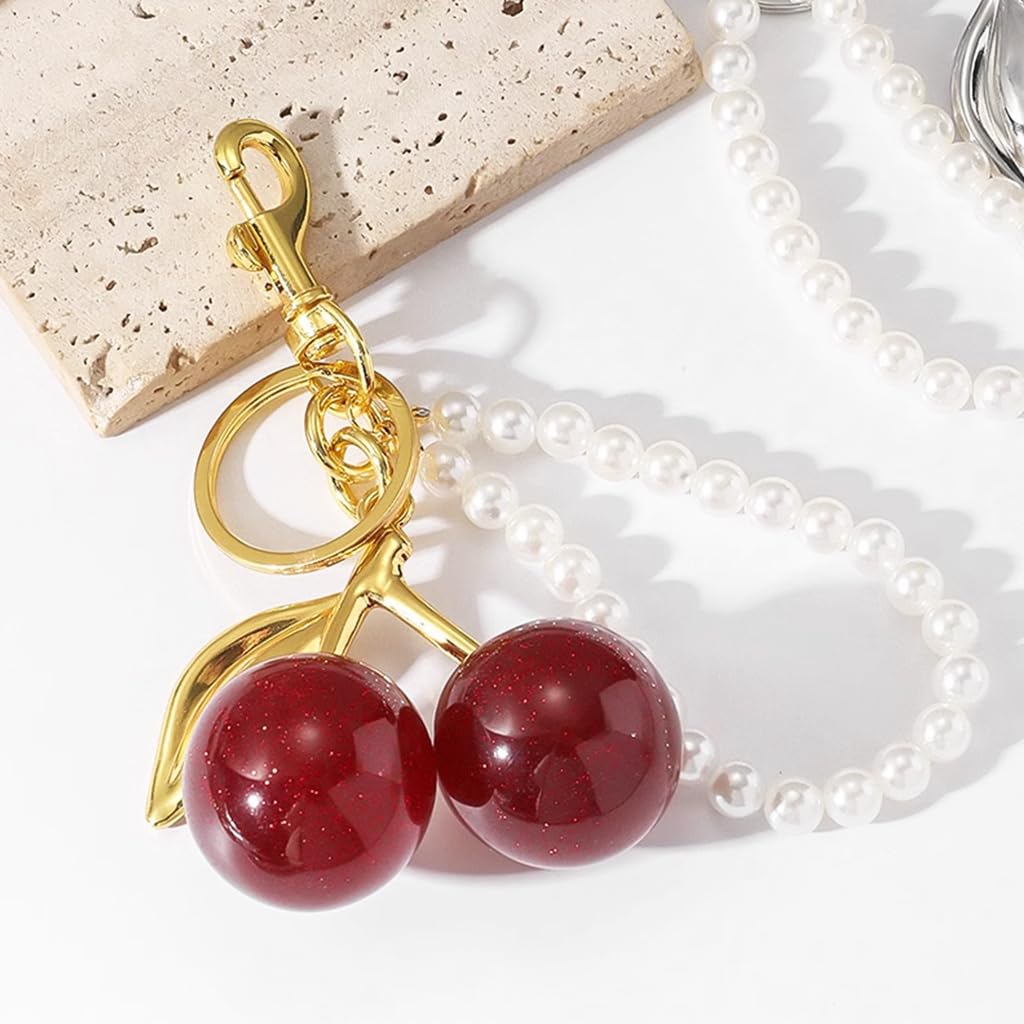 ZORBES Red Cherry Keychain with Faux Pearl Loop for Bags and Keys | Cute Gift for Women