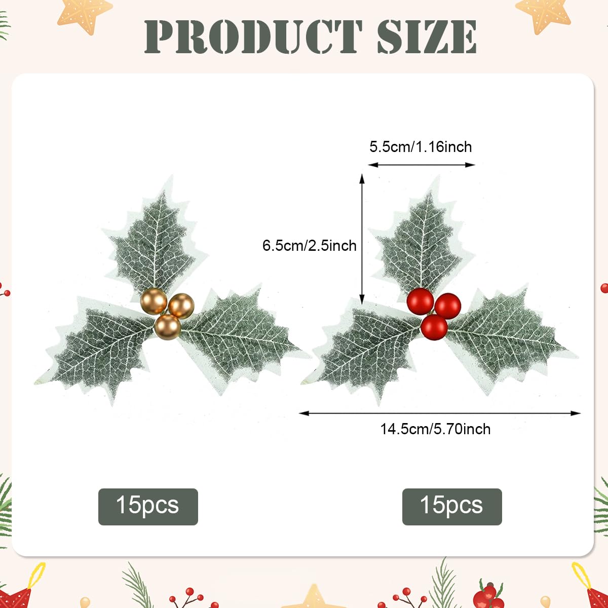 HASTHIP Holly Berries Christmas Decorations 30 Pcs for Tree Wreath & Home Decor | 13cm Gold and Red Artificial Leaves