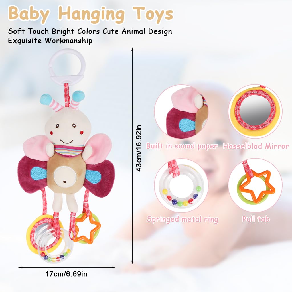 SNOWIE SOFT Baby Hanging Plush Crib Toy with Mirror and Rattles for Infant Sensory Play
