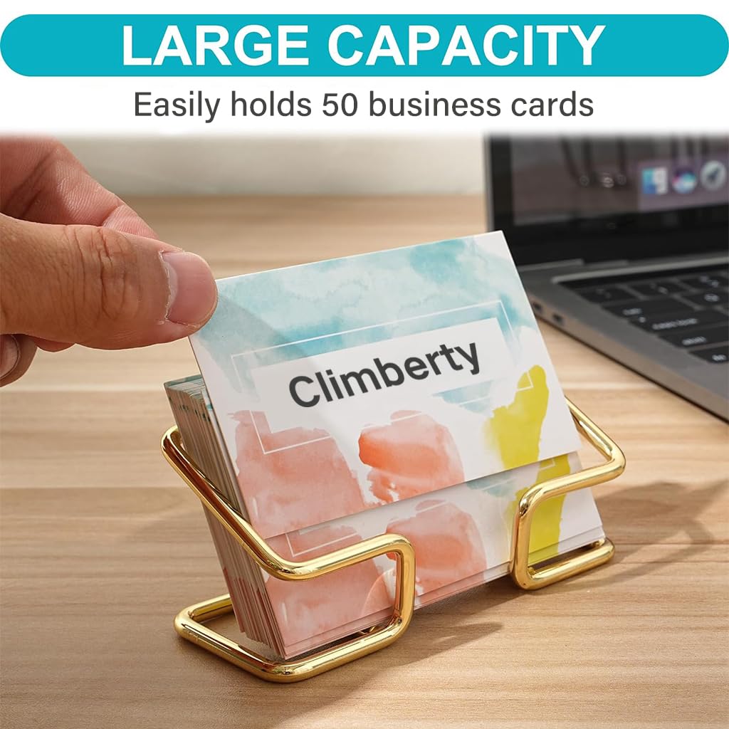 Climberty Business Card Holder for Desk featuring Tilted Display Design and 100PCS Capacity | Gold Iron Organizer for Offices