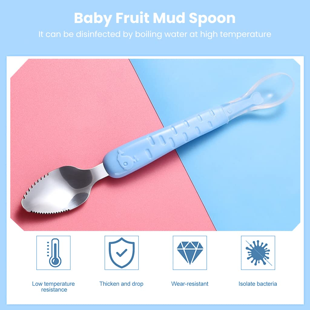 SNOWIE Soft Baby Fruit Spoon Scraper for Feeding with Double Serrated Edge and 22 cm Handle | Food Grade Steel and Silicone for Toddlers