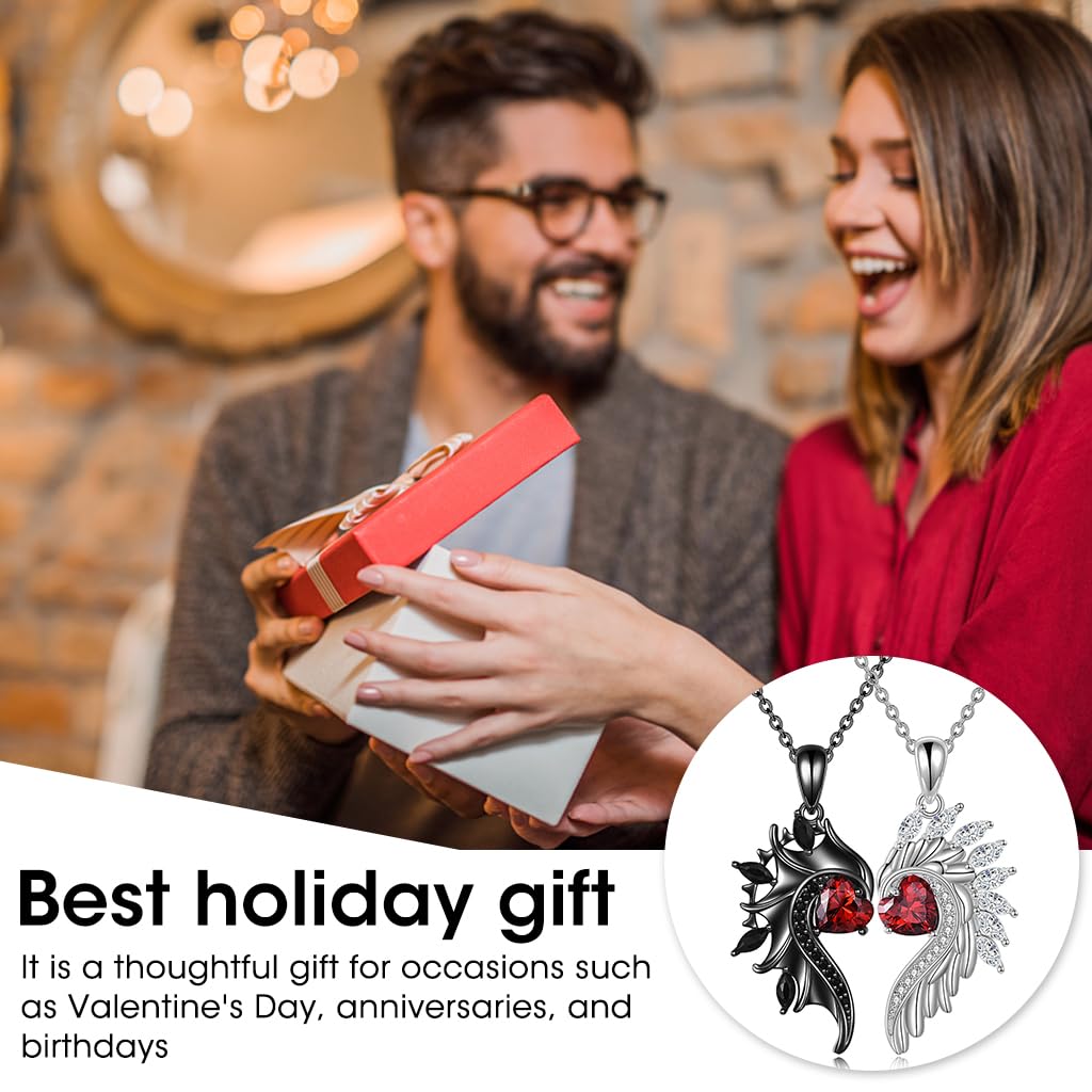 SANNIDHI Couple Necklace Angel and Devil's Wing Necklace Rhinestone Heart Symbol of Love Pendant Necklace for Couples Women Men Valentine's Day Anniversay Gift