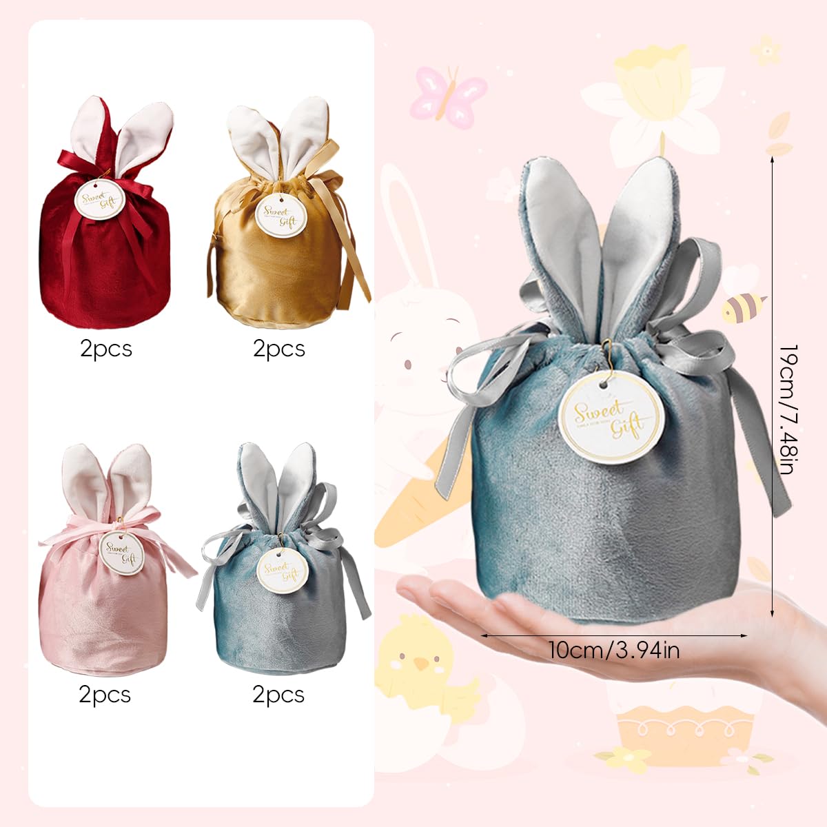 HASTHIP Gift Bags 8Pcs for Jewelry and Candy featuring Bunny Ear Drawstring Velvet 10x12.5cm
