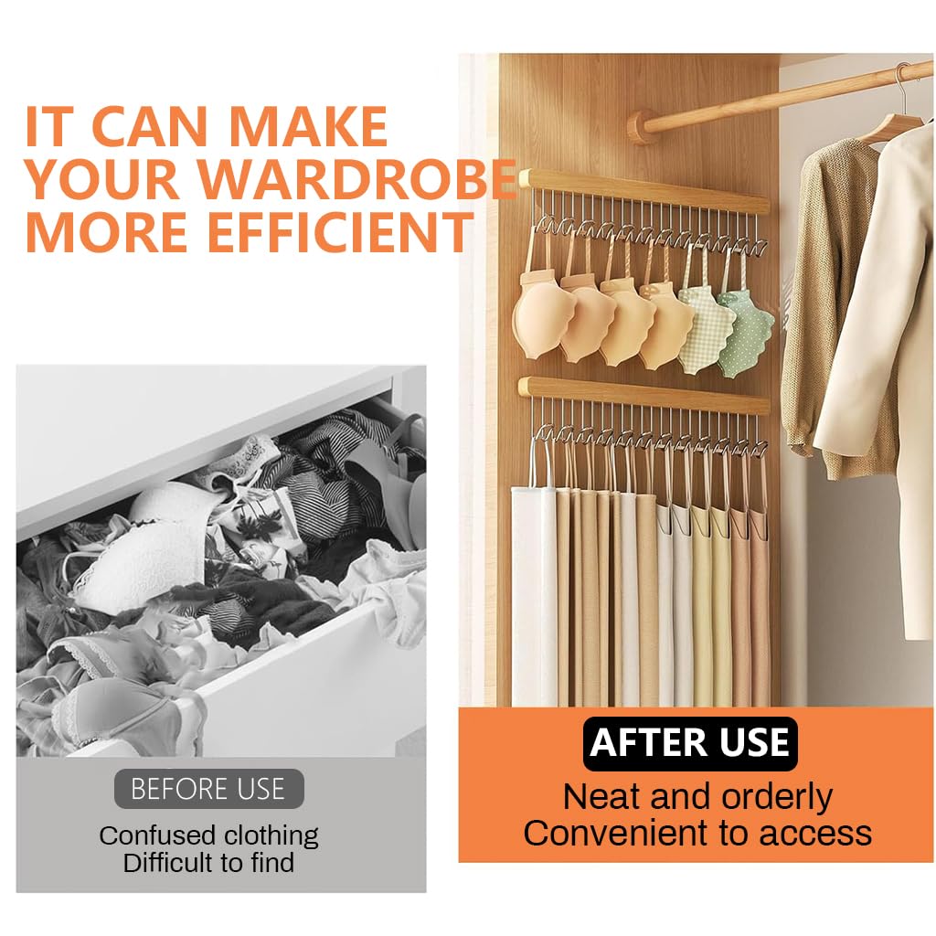 HASTHIP Wooden Hanger for Clothes with 12 Hooks 41x8cm | Sliding Wall Mounted Rack