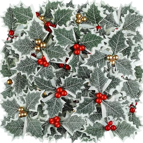 HASTHIP 30Pcs Christmas Holly Berries with Green Leaves Christmas Decorations Gold and Red Artificial Holly Berries Hanging Christmas Ornaments for Xmas Tree, Garland Wreath, Home Decor