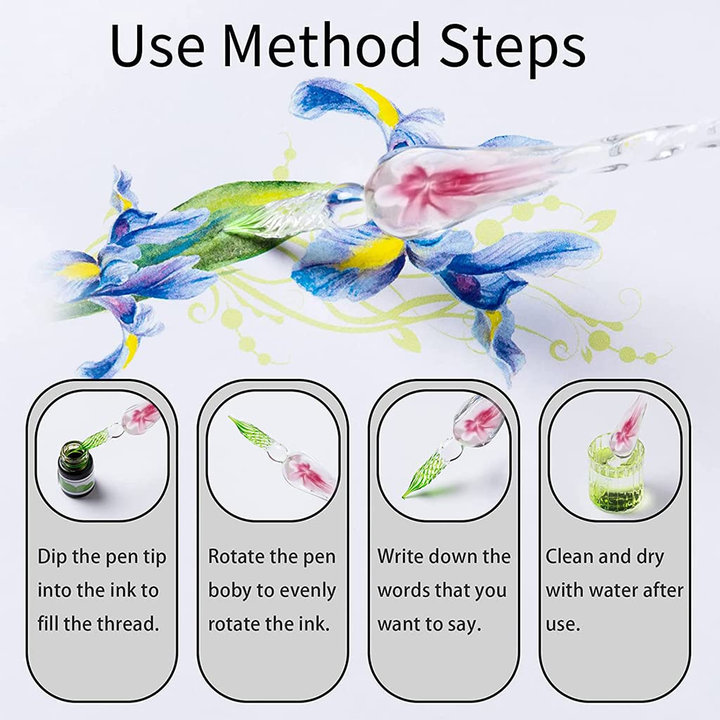Climberty Glass Dip Pen Set for Calligraphy with 4 Colors Ink and Crystal Pen Holder | Gift Box