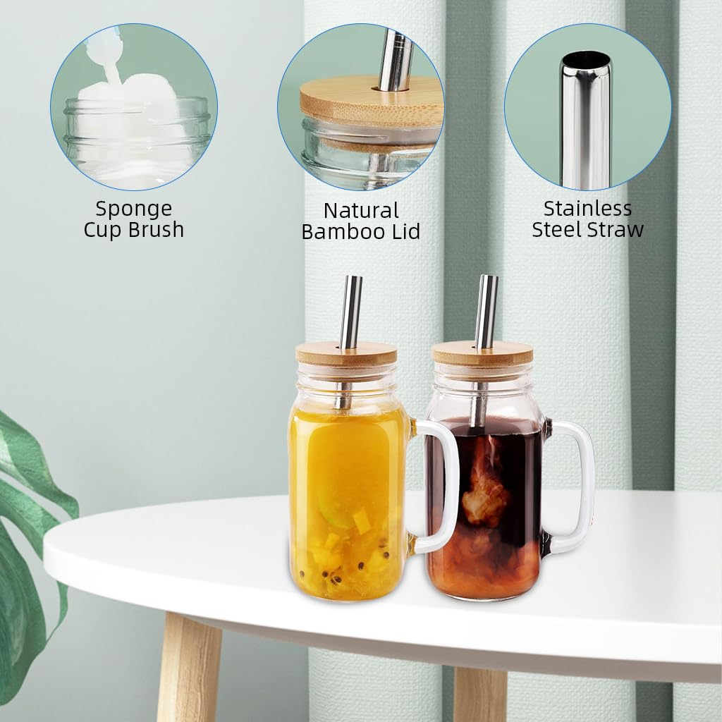 Supvox Glass Drinkware Set for Cold Brew Drinks featuring Dual Lid Options & Handles | 4Pcs 16oz Mason Jar Cups with Wooden and Plastic Lids